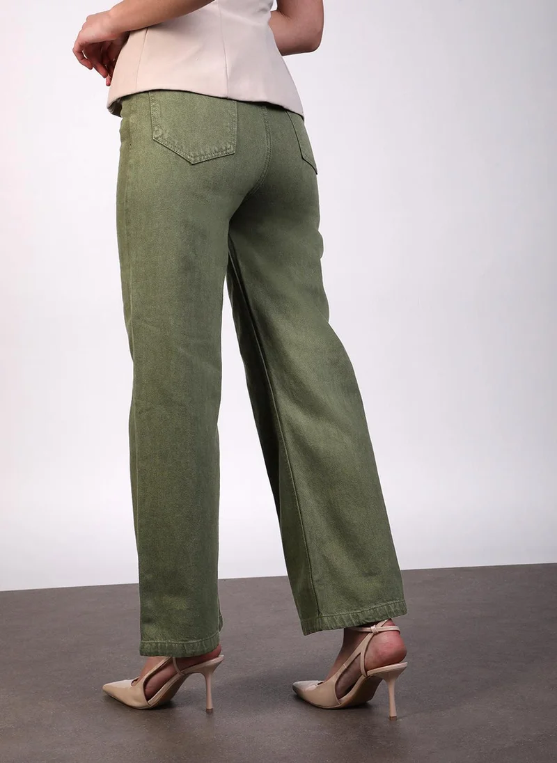 Urbano Fashion  Urbano Fashion Women's Olive Green Regular Fit Wide Leg Washed Jeans for Women | Best Price UAE